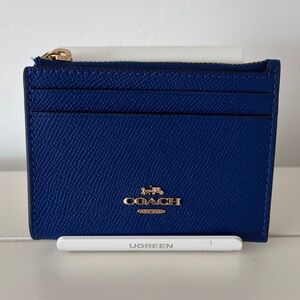 Coach Navy Blue Saffiano Leather Card Holder with Gold Logo